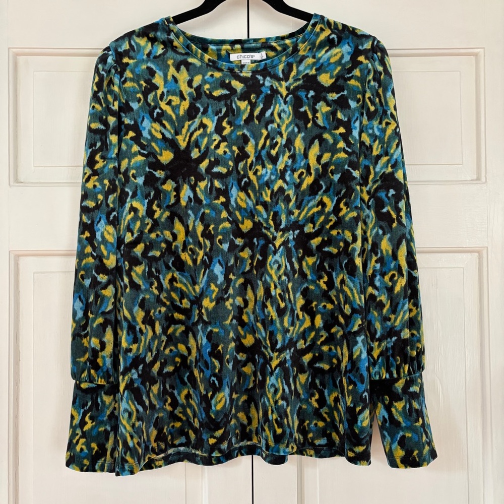 Chico's Size 3 Velvet Puff Sleeve Blouse Bright Multicolor Animal Print Chico XL